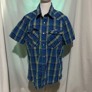 NWT Men's Blue and Green Plaid pearl snap Hollister button up Shirt size large